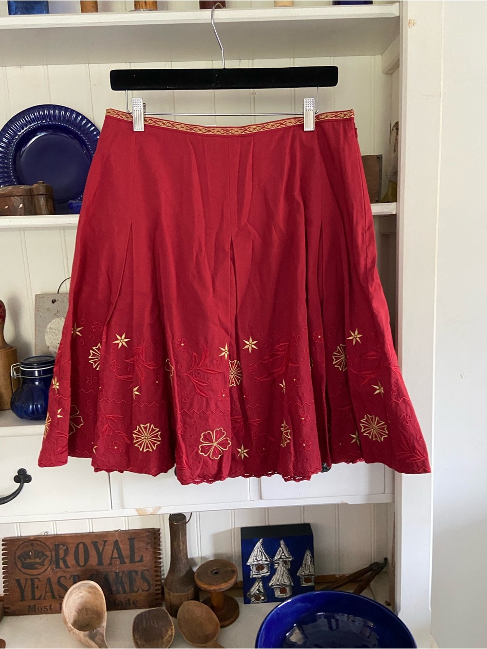 Talbots Red Skater Skirt with Gold Embroidery